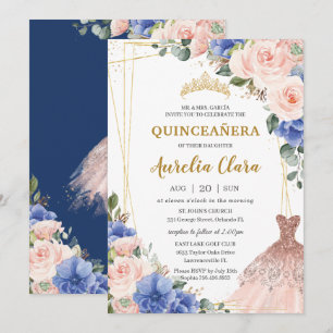 Quinceañera Royal Blue Blush Floral Tiara Dress Kaart