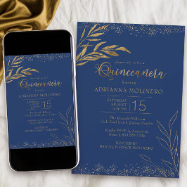 Quinceanera Royal Blue en Gold Leaf Elegant Kaart