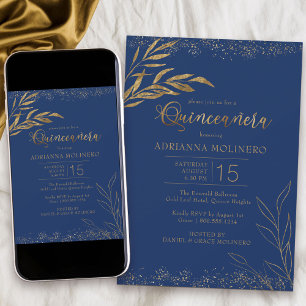 Quinceanera Royal Blue en Gold Leaf Elegant Kaart