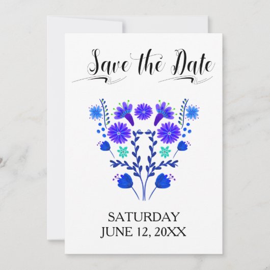 Quinceanera Royal Blue en Paarse Mexicaanse Floral Save The Date (Voorkant)