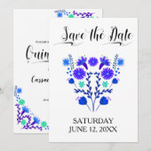 Quinceanera Royal Blue en Paarse Mexicaanse Floral Save The Date (Voorkant / Achterkant)