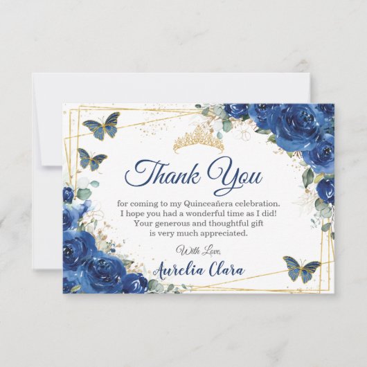 Quinceañera Royal Blue Floral Birthday Bedankkaart (Voorkant)