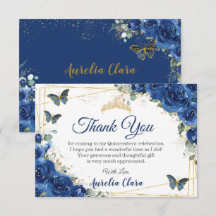 Quinceañera Royal Blue Floral Birthday Bedankkaart