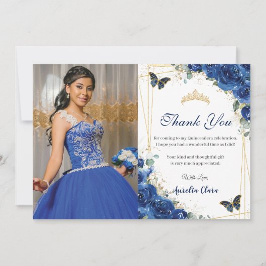 Quinceañera Royal Blue Floral Birthday Bedankkaart (Voorkant)