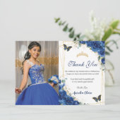 Quinceañera Royal Blue Floral Birthday Bedankkaart (Staand voorkant)