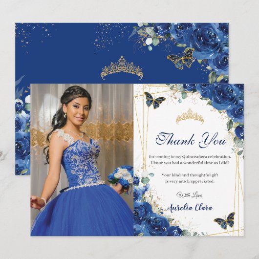 Quinceañera Royal Blue Floral Birthday Bedankkaart (Voorkant / Achterkant)