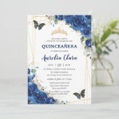 Quinceañera Royal Blue Floral Birthday Kaart (Staand voorkant)