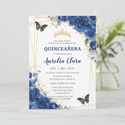 Quinceañera Royal Blue Floral Birthday Kaart (Staand voorkant)