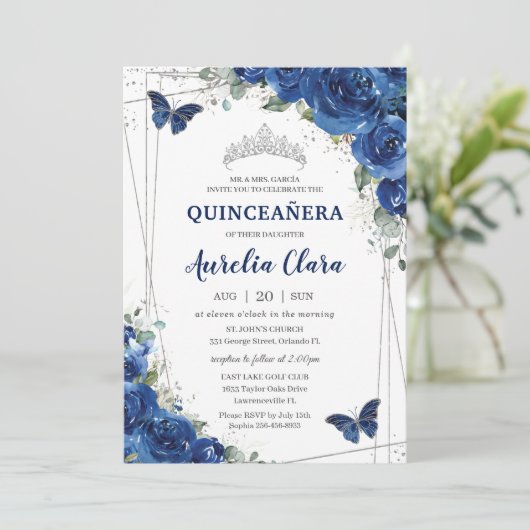 Quinceañera Royal Blue Floral Birthday Kaart (Staand voorkant)