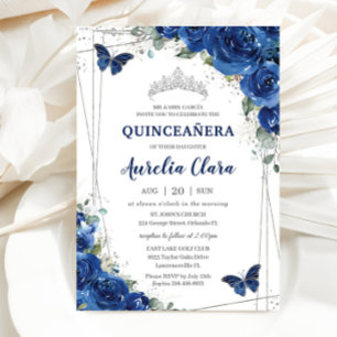 Quinceañera Royal Blue Floral Birthday Kaart