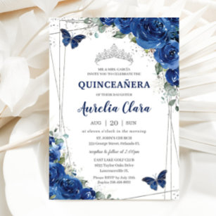 Quinceañera Royal Blue Floral Birthday Kaart