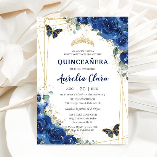 Quinceañera Royal Blue Floral Birthday Kaart