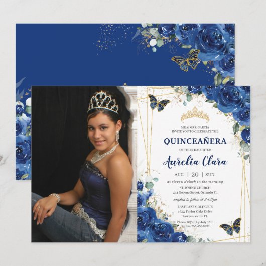 Quinceañera Royal Blue Floral Birthday Kaart (Voorkant / Achterkant)