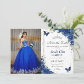 Quinceañera Royal Blue Floral Birthday Save The Date (Staand voorkant)