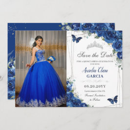 Quinceañera Royal Blue Floral Birthday Save The Date