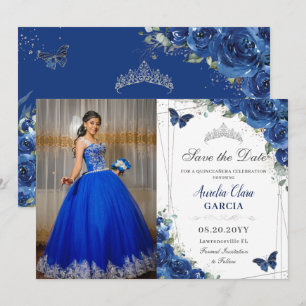 Quinceañera Royal Blue Floral Birthday Save The Date