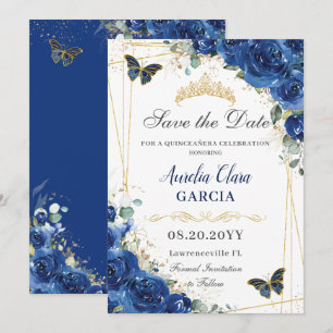 Quinceañera Royal Blue Floral Birthday Save The Date