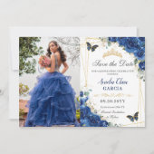 Quinceañera Royal Blue Floral Birthday Save The Date (Voorkant)