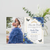 Quinceañera Royal Blue Floral Birthday Save The Date (Staand voorkant)