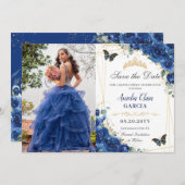 Quinceañera Royal Blue Floral Birthday Save The Date (Voorkant / Achterkant)