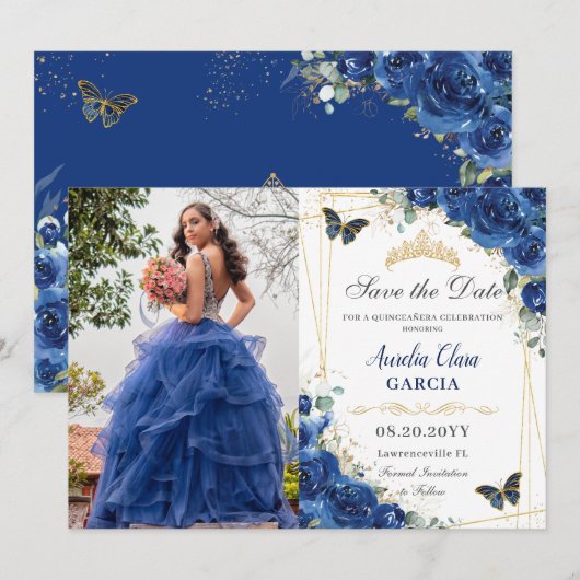 Quinceañera Royal Blue Floral Birthday Save The Date (Voorkant / Achterkant)