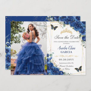Quinceañera Royal Blue Floral Birthday Save The Date