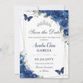 Quinceañera Royal Blue Floral Birthday Save The Date (Voorkant)