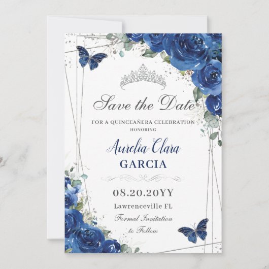Quinceañera Royal Blue Floral Birthday Save The Date (Voorkant)