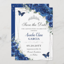 Quinceañera Royal Blue Floral Birthday Save The Date