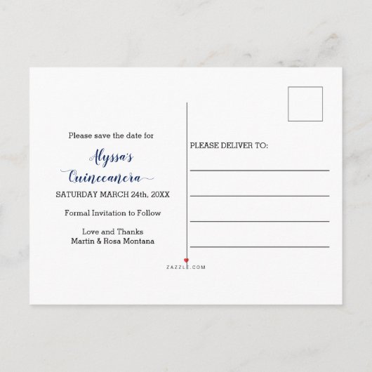 Quinceanera Royal Blue Floral De datum opslaan Aankondigingskaart (Achterkant)