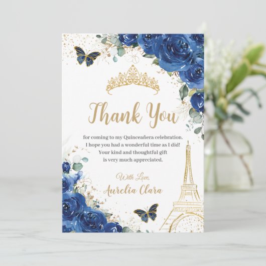 Quinceañera Royal Blue Floral Eiffel 16e verjaarda Bedankkaart (Staand voorkant)