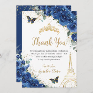 Quinceañera Royal Blue Floral Eiffel 16e verjaarda Bedankkaart