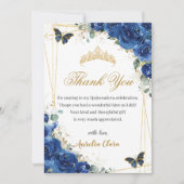 Quinceañera Royal Blue Floral Gold Butterflies Bedankkaart (Voorkant)