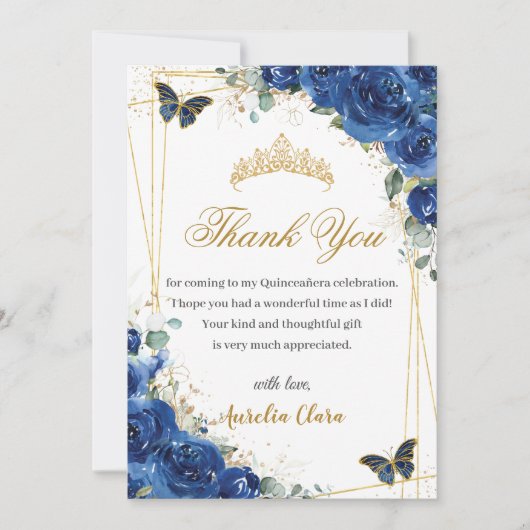 Quinceañera Royal Blue Floral Gold Butterflies Bedankkaart (Voorkant)