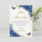 Quinceañera Royal Blue Floral Gold Butterflies Bedankkaart (Staand voorkant)