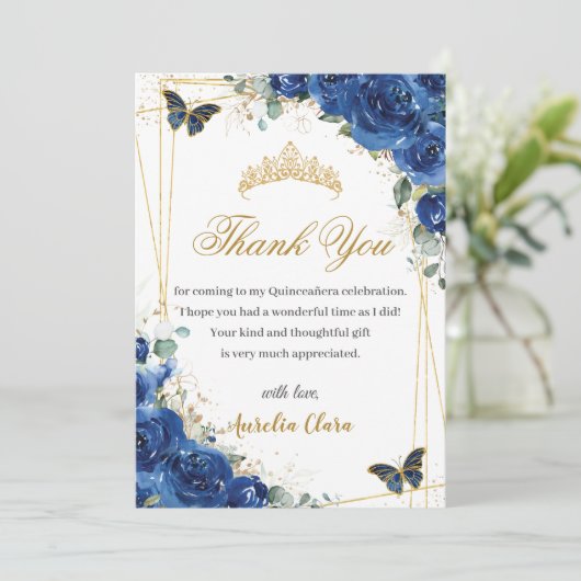 Quinceañera Royal Blue Floral Gold Butterflies Bedankkaart (Staand voorkant)