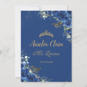 Quinceañera Royal Blue Floral Gold Butterflies Bedankkaart (Achterkant)