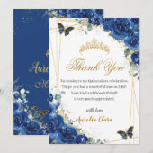 Quinceañera Royal Blue Floral Gold Butterflies Bedankkaart (Voorkant / Achterkant)
