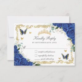 Quinceañera Royal Blue Floral Gold Butterflies RSVP Kaartje