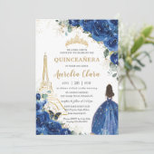Quinceañera Royal Blue Floral Paris Eiffel Gold Kaart (Staand voorkant)