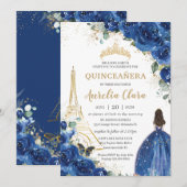 Quinceañera Royal Blue Floral Paris Eiffel Gold Kaart (Voorkant / Achterkant)