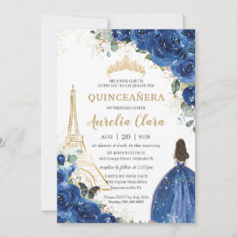 Quinceañera Royal Blue Floral Paris Eiffel Gold Kaart