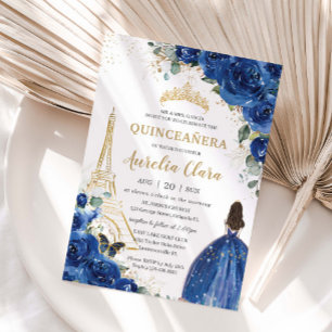 Quinceañera Royal Blue Floral Paris Eiffel Gold Kaart