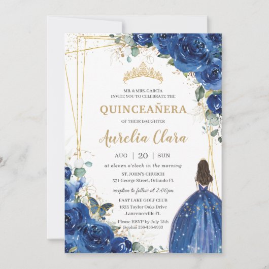 Quinceañera Royal Blue Floral Princess 15 Birthday Kaart (Voorkant)