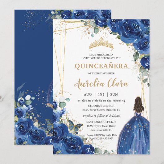 Quinceañera Royal Blue Floral Princess 15 Birthday Kaart (Voorkant / Achterkant)