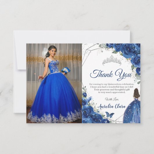 Quinceañera Royal Blue Floral Princess Afbeelding Bedankkaart (Voorkant)