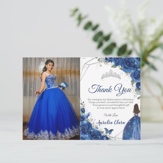 Quinceañera Royal Blue Floral Princess Afbeelding Bedankkaart (Staand voorkant)