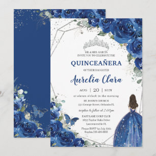 Quinceañera Royal Blue Floral Princess Birthday 15 Kaart