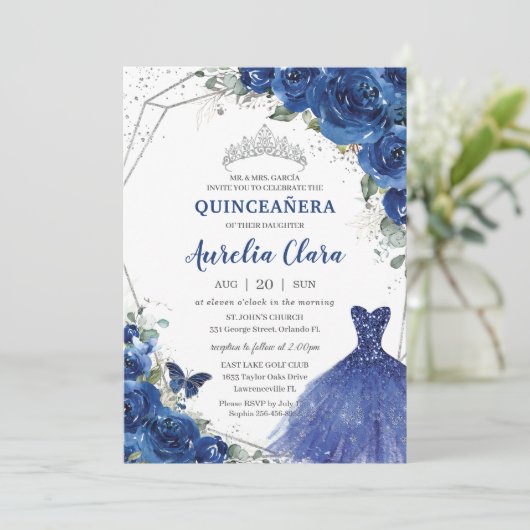 Quinceañera Royal Blue Floral Princess Birthday 15 Kaart (Staand voorkant)
