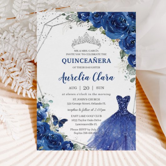Quinceañera Royal Blue Floral Princess Birthday 15 Kaart
